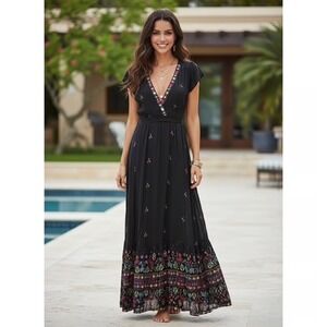 Jen's‎ Pirate Booty Black Embroidered Boho Maxi Wrap Dress Size 4